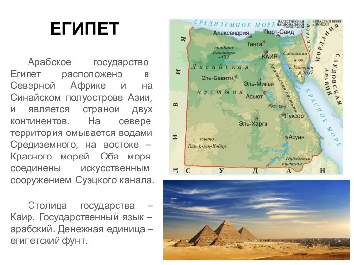 ЕГИПЕТ Арабское государство Египет расположено в Северной Африке и на Синайском полуострове