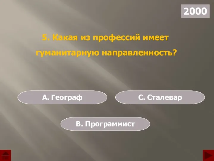 A. Географ C. Сталевар B. Программист 2000 5. Какая из профессий имеет гуманитарную направленность?