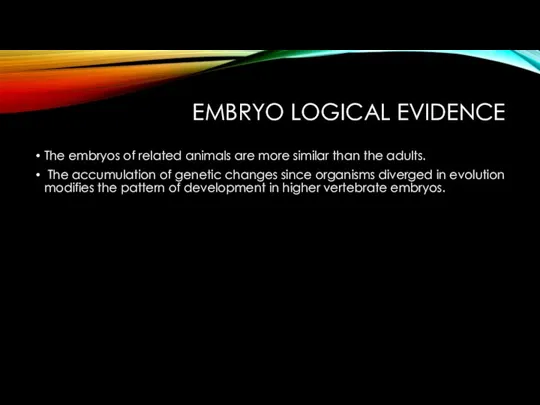 EMBRYO LOGICAL EVIDENCE The embryos of related animals are more similar than
