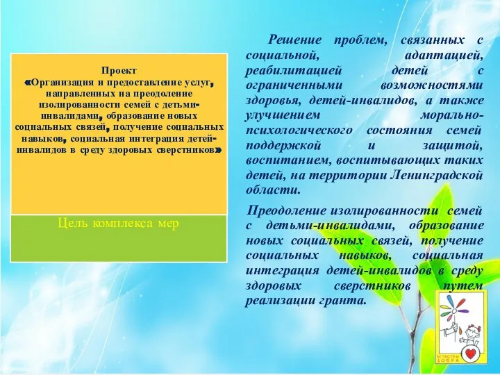 Проект «Организация и предоставление услуг, направленных на преодоление изолированности семей с детьми-инвалидами,