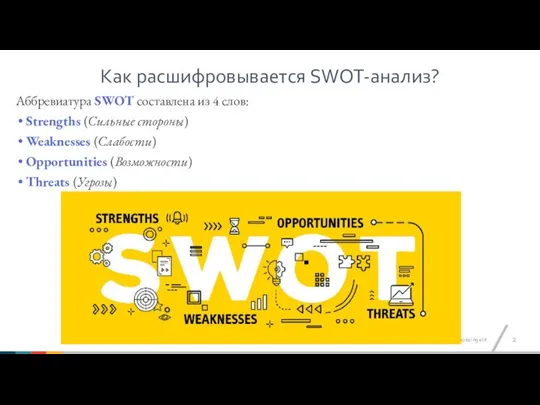 Аббревиатура SWOT составлена из 4 слов: Strengths (Сильные стороны) Weaknesses (Слабости) Opportunities
