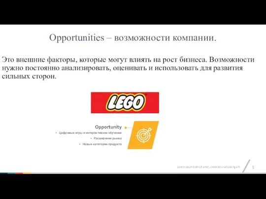 Это внешние факторы, которые могут влиять на рост бизнеса. Возможности нужно постоянно