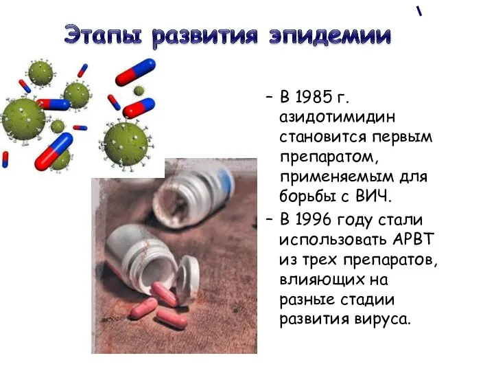 В 1985 г. азидотимидин становится первым препаратом, применяемым для борьбы с ВИЧ.