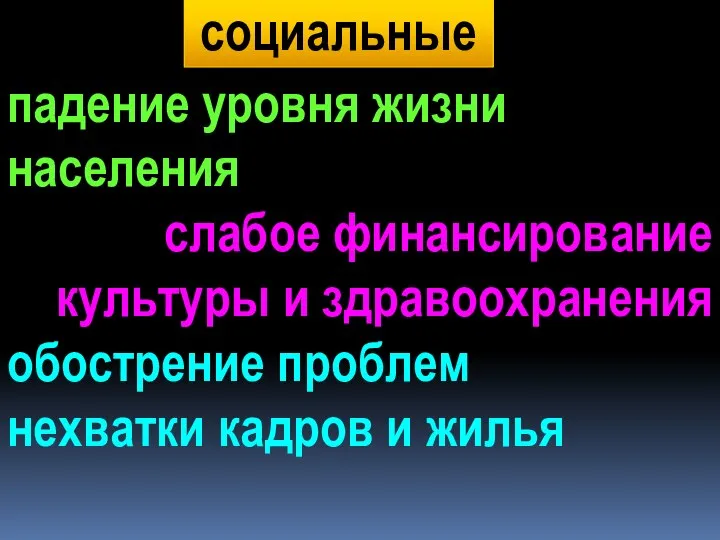 социальные падение уровня жизни населения слабое финансирование культуры и здравоохранения обострение проблем нехватки кадров и жилья