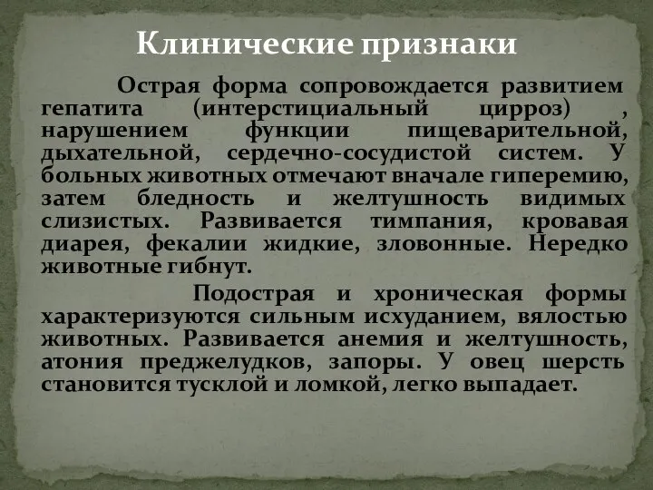 Острая форма сопровождается развитием гепатита (интерстициальный цирроз) , нарушением функции пищеварительной, дыхательной,