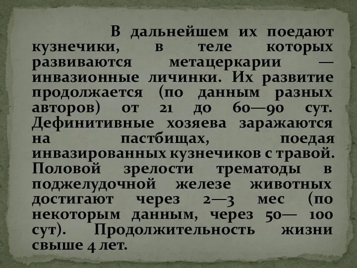 В дальнейшем их поедают кузнечики, в теле которых развиваются метацеркарии — инвазионные