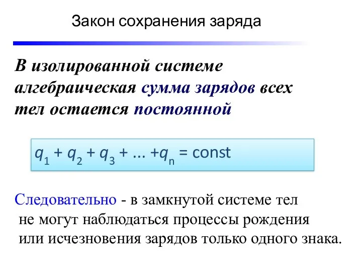 Закон сохранения заряда В изолированной системе алгебраическая сумма зарядов всех тел остается