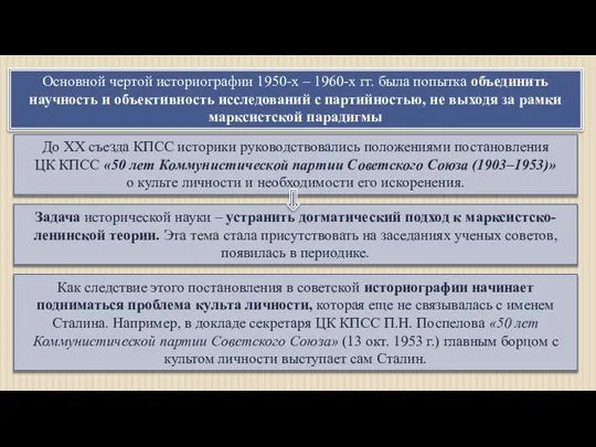 Основной чертой историографии 1950-х – 1960-х гг. была попытка объединить научность и