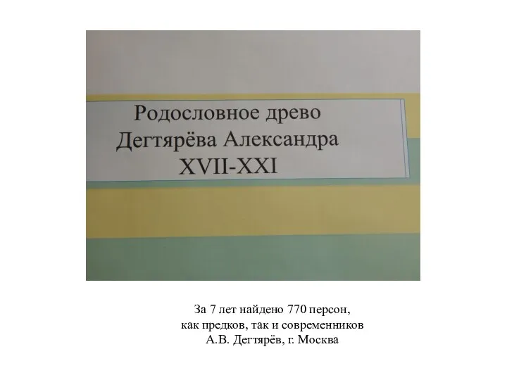 За 7 лет найдено 770 персон, как предков, так и современников А.В. Дегтярёв, г. Москва