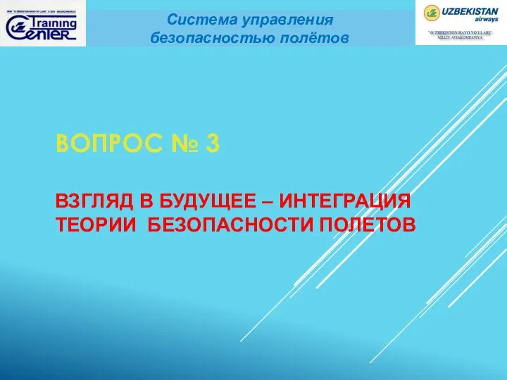 ВОПРОС № 3 ВЗГЛЯД В БУДУЩЕЕ – ИНТЕГРАЦИЯ ТЕОРИИ БЕЗОПАСНОСТИ ПОЛЕТОВ Система управления безопасностью полётов