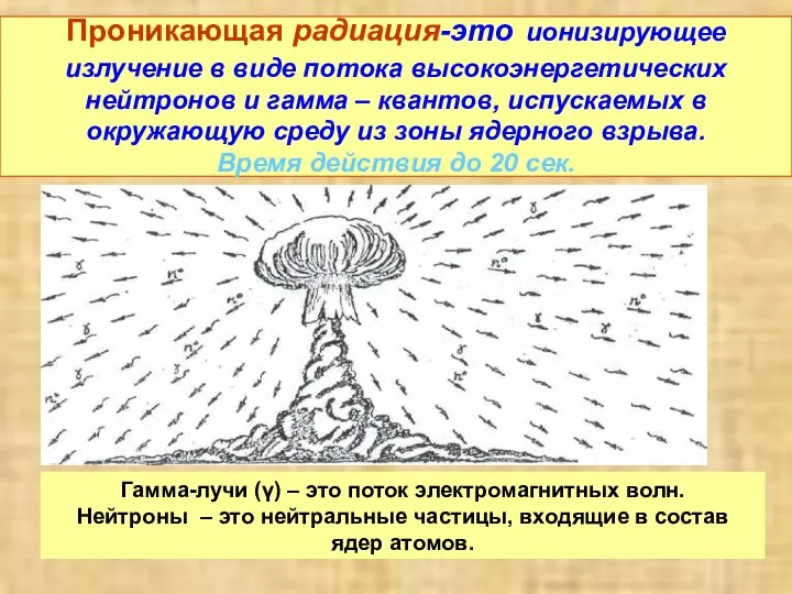 Проникающая радиация-это ионизирующее излучение в виде потока высокоэнергетических нейтронов и гамма –