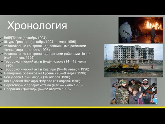 Хронология Ввод войск (декабрь 1994) Штурм Грозного (декабрь 1994 — март 1995)