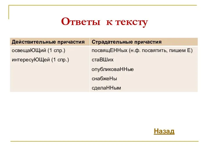 Ответы к тексту Назад