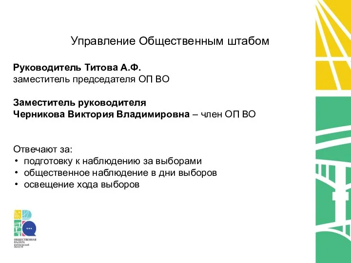 Управление Общественным штабом Руководитель Титова А.Ф. заместитель председателя ОП ВО Заместитель руководителя