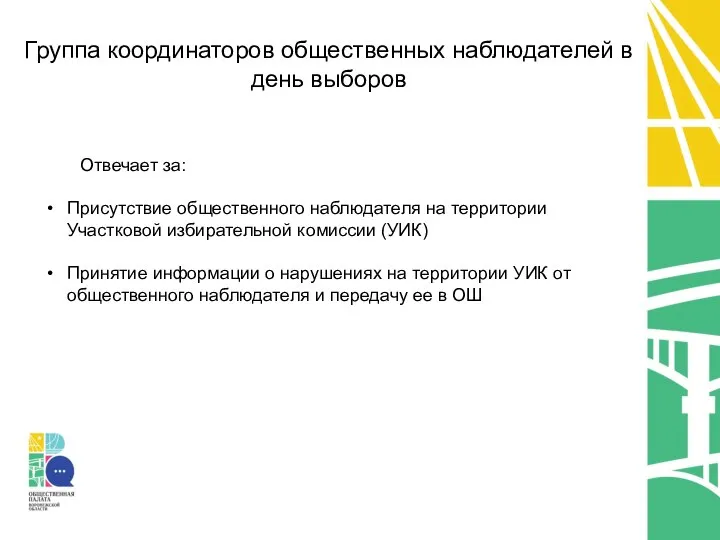 Отвечает за: Присутствие общественного наблюдателя на территории Участковой избирательной комиссии (УИК) Принятие