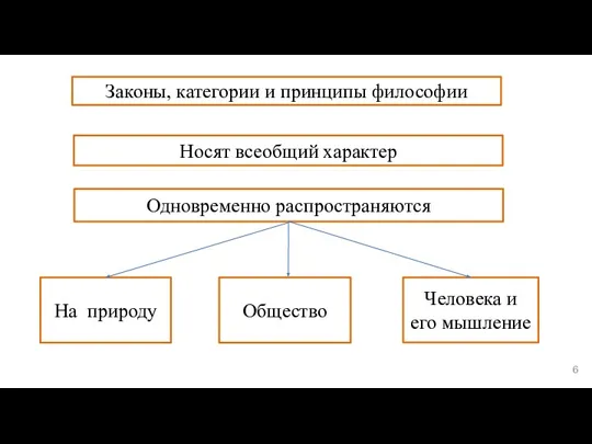 Законы, категории и принципы философии Носят всеобщий характер Одновременно распространяются На природу