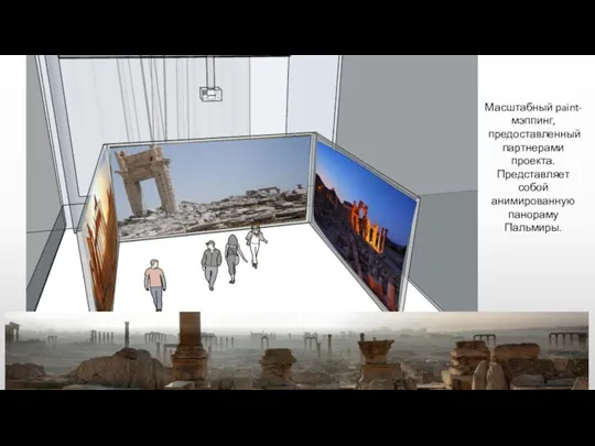 Масштабный paint-мэппинг, предоставленный партнерами проекта. Представляет собой анимированную панораму Пальмиры.