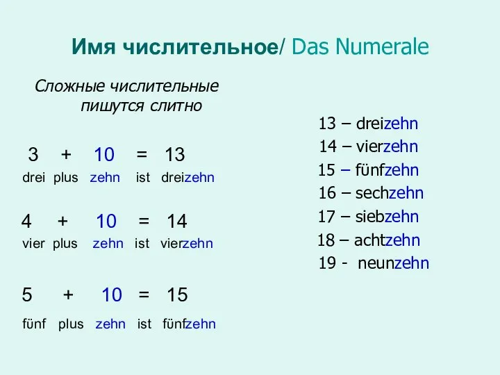 Имя числительное/ Das Numerale Сложные числительные пишутся слитно 3 + 10 =