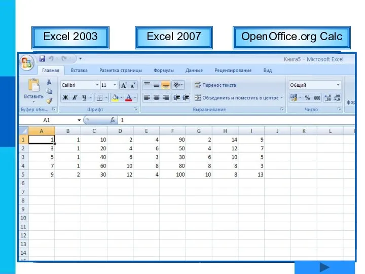 OpenOffice.org Calc Excel 2007 Excel 2003