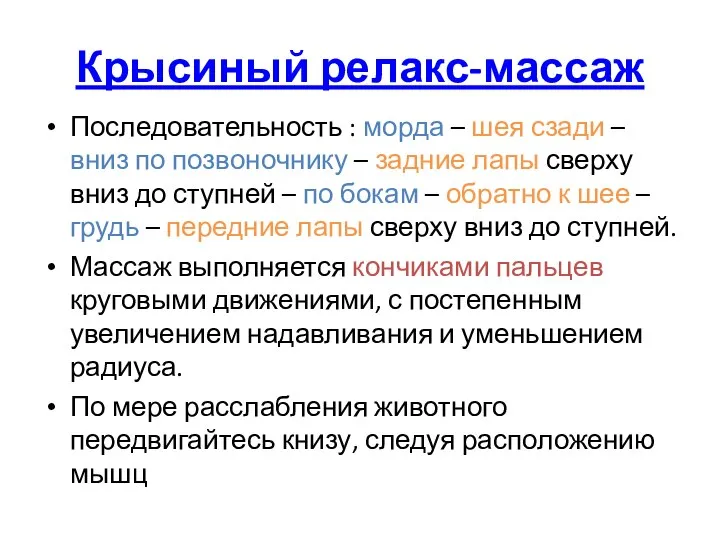 Крысиный релакс-массаж Последовательность : морда – шея сзади – вниз по позвоночнику