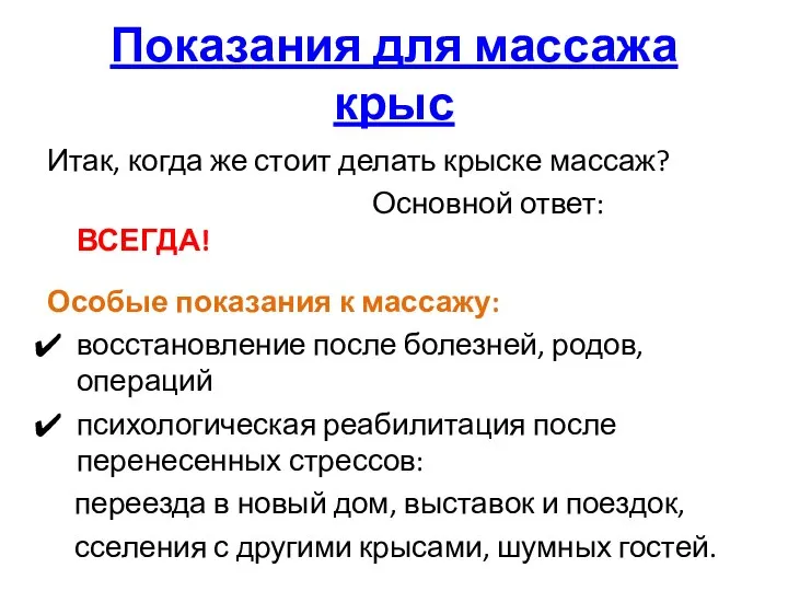 Показания для массажа крыс Итак, когда же стоит делать крыске массаж? Основной