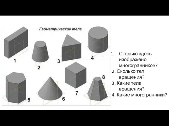 Вспомним Сколько здесь изображено многогранников? 2. Сколько тел вращения? 3. Какие тела вращения? 4. Какие многогранники?