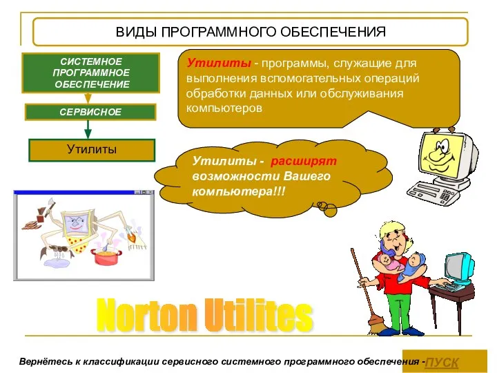 СИСТЕМНОЕ ПРОГРАММНОЕ ОБЕСПЕЧЕНИЕ СЕРВИСНОЕ Утилиты Утилиты - расширят возможности Вашего компьютера!!! Norton Utilites