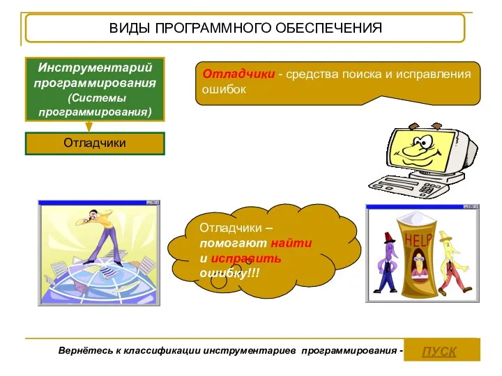 Отладчики – помогают найти и исправить ошибку!!! Инструментарий программирования (Системы программирования) Отладчики