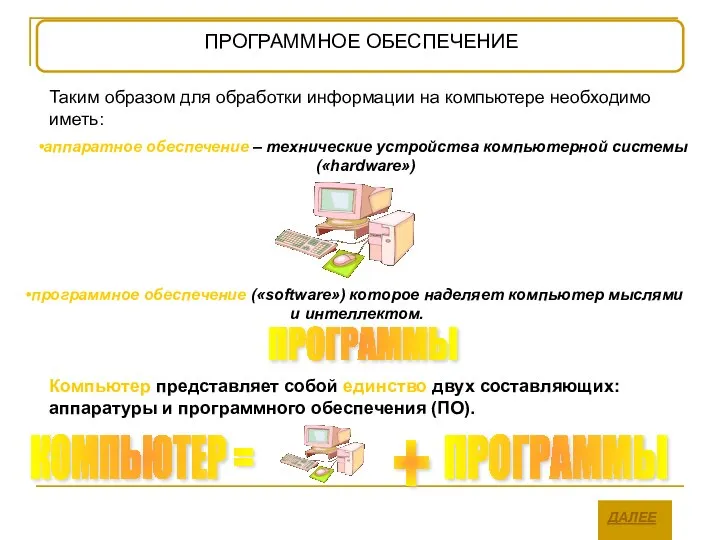 Таким образом для обработки информации на компьютере необходимо иметь: Компьютер представляет собой