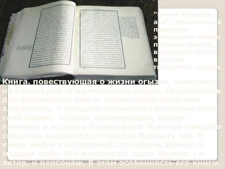 Книга, повествующая о жизни огызов, написана на общем для огыз-кипчаков языке. Сохранились