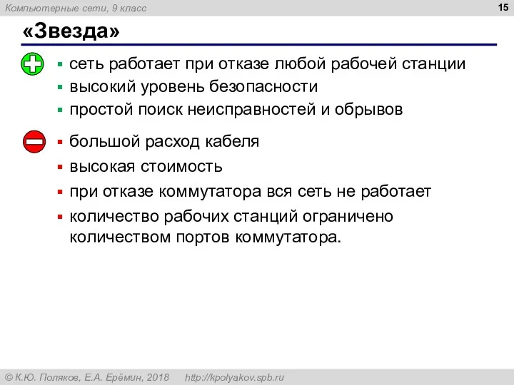 «Звезда» сеть работает при отказе любой рабочей станции высокий уровень безопасности простой