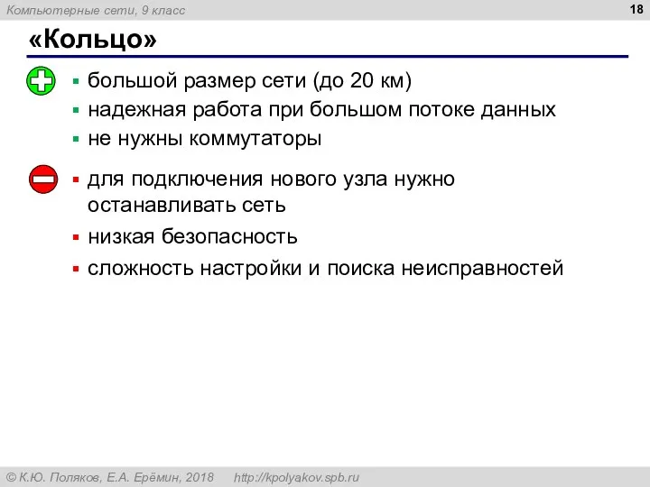 «Кольцо» большой размер сети (до 20 км) надежная работа при большом потоке