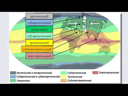 арктический субарктический умеренный субтропический тропический субэкваториальный экваториальный