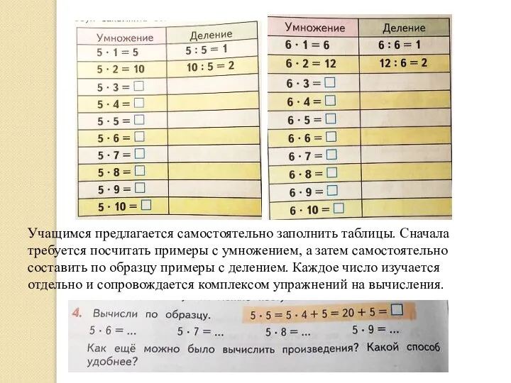 Учащимся предлагается самостоятельно заполнить таблицы. Сначала требуется посчитать примеры с умножением, а