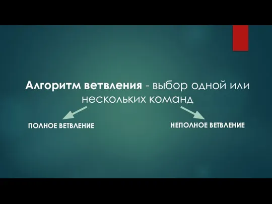 Алгоритм ветвления - выбор одной или нескольких команд ПОЛНОЕ ВЕТВЛЕНИЕ НЕПОЛНОЕ ВЕТВЛЕНИЕ