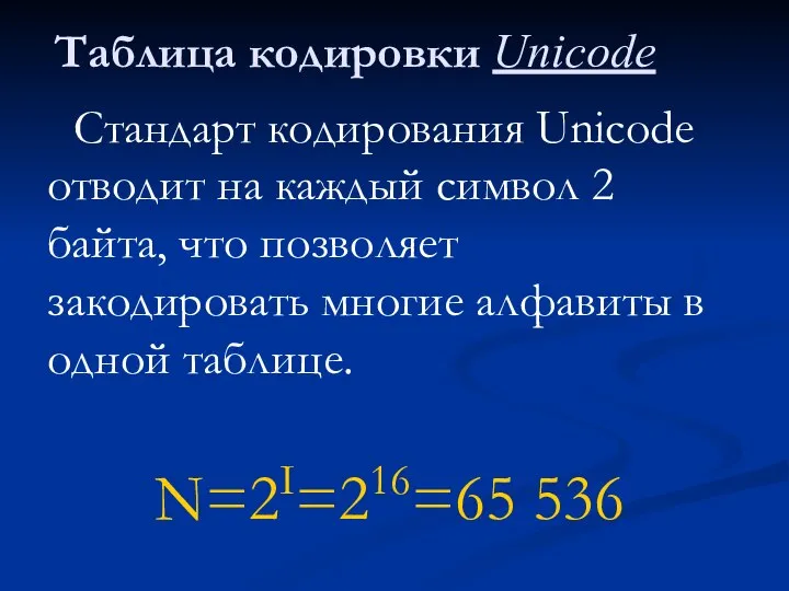 Таблица кодировки Unicode Стандарт кодирования Unicode отводит на каждый символ 2 байта,