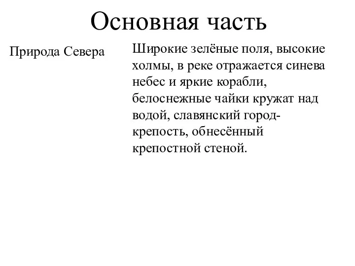 Основная часть Природа Севера Широкие зелёные поля, высокие холмы, в реке отражается