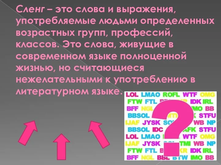 Сленг – это слова и выражения, употребляемые людьми определенных возрастных групп, профессий,