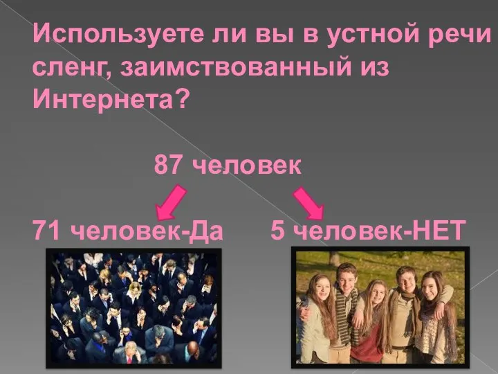 Используете ли вы в устной речи сленг, заимствованный из Интернета? 87 человек 71 человек-Да 5 человек-НЕТ