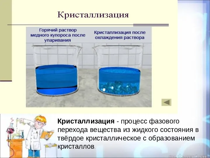 Кристаллизация - процесс фазового перехода вещества из жидкого состояния в твёрдое кристаллическое с образованием кристаллов.