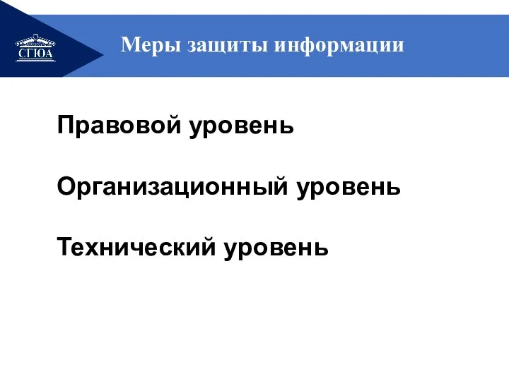 Меры защиты информации Правовой уровень Организационный уровень Технический уровень