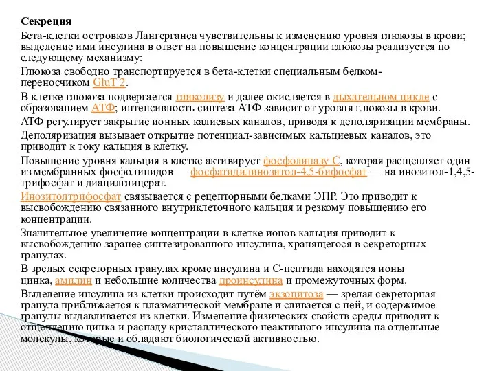 Секреция Бета-клетки островков Лангерганса чувствительны к изменению уровня глюкозы в крови; выделение