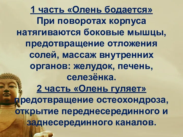 1 часть «Олень бодается» При поворотах корпуса натягиваются боковые мышцы, предотвращение отложения