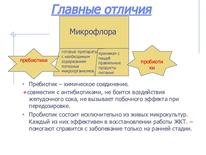 Главные отличия Пребиотик – химическое соединение. +совместим с антибиотиками, не боится воздействия