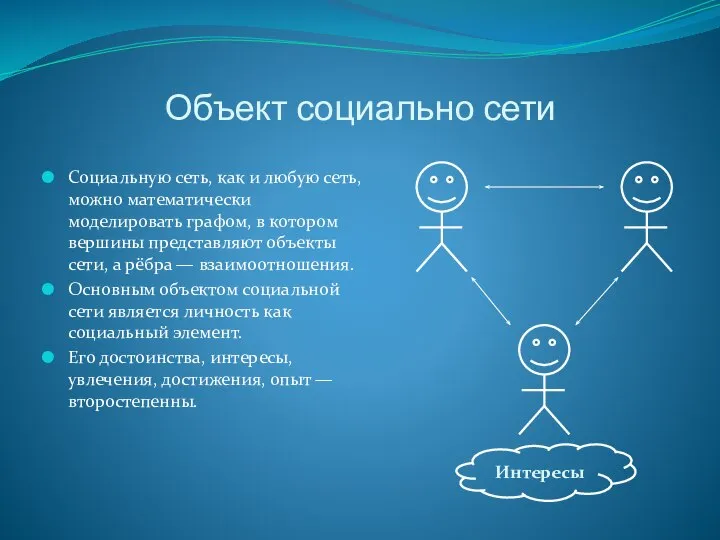 Объект социально сети Социальную сеть, как и любую сеть, можно математически моделировать