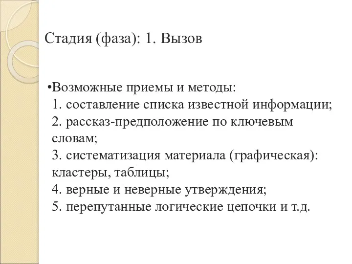 Возможные приемы и методы: 1. составление списка известной информации; 2. рассказ-предположение по