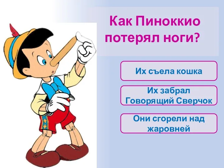 Как Пиноккио потерял ноги? Их съела кошка Они сгорели над жаровней Их забрал Говорящий Сверчок