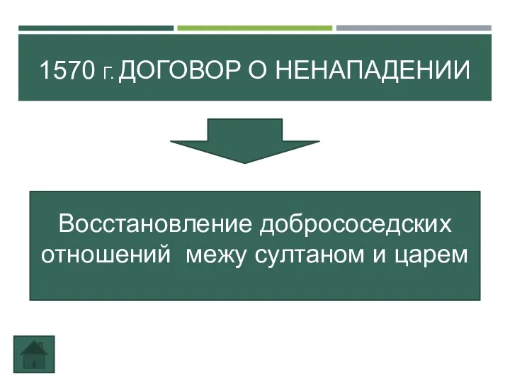 1570 Г. ДОГОВОР О НЕНАПАДЕНИИ Восстановление добрососедских отношений межу султаном и царем