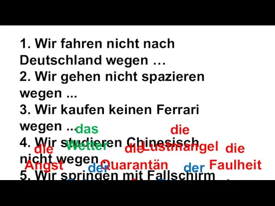 1. Wir fahren nicht nach Deutschland wegen … 2. Wir gehen nicht