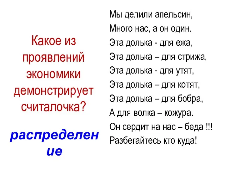 Какое из проявлений экономики демонстрирует считалочка? Мы делили апельсин, Много нас, а